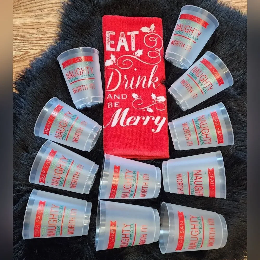 Eat Drink & Be Merry Christmas Hand Towel & 10 Party Cups